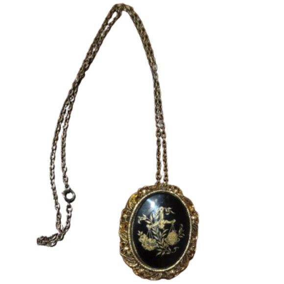 Zodiac Libra Scale Black Gold Brooch Cameo Pin Or pendant with chain - Picture 1 of 6